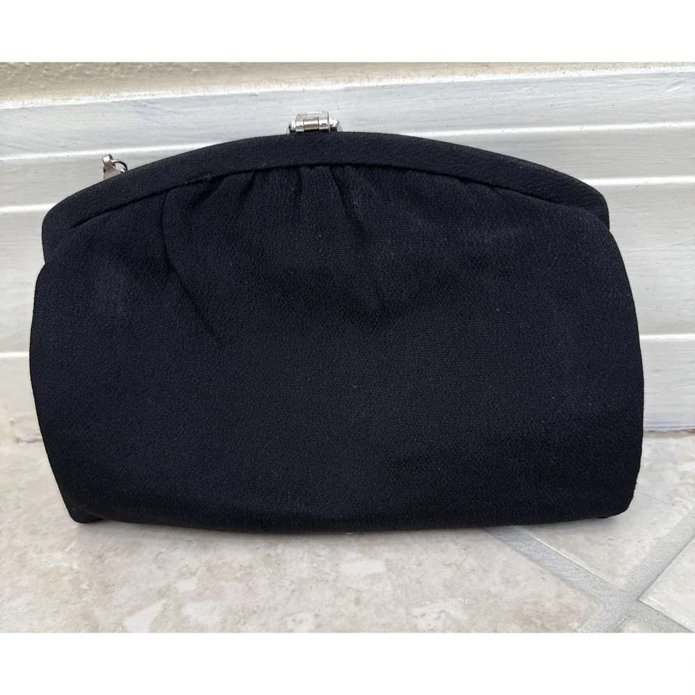 Vintage Black Twill Evening Clutch Bag Silver‎ Rose Clasp Snake Chain Strap